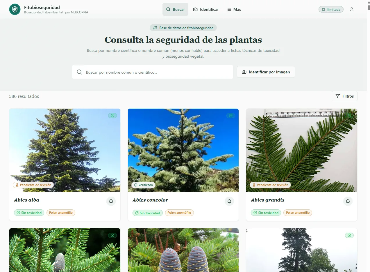 Buscador y catálogo de especies de Fitobioseguridad con sellos de toxicidad