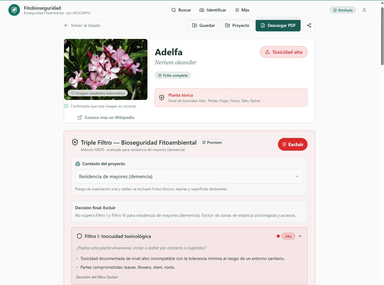 Ficha de la Adelfa con veredicto Excluir del triple filtro para una residencia de mayores